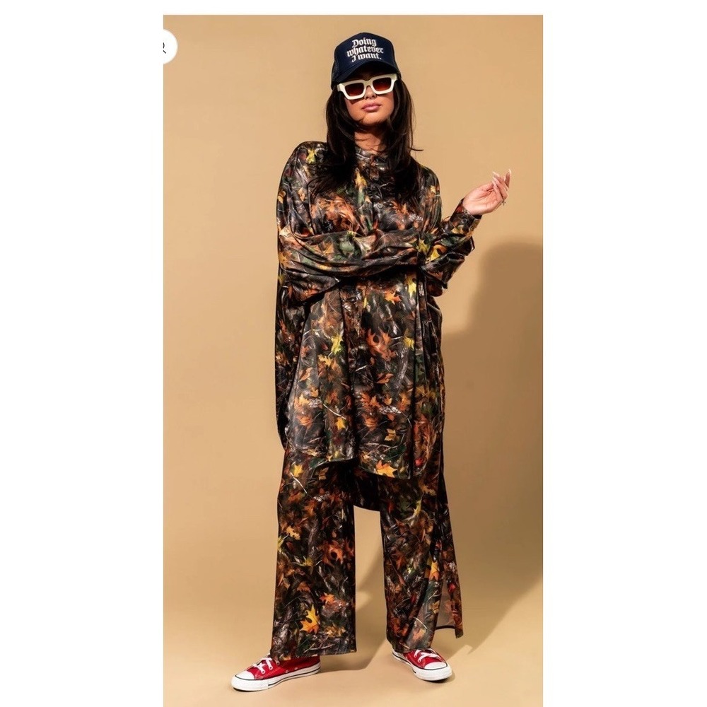Dressed In Lala Satin Playsuit in Bad B*tch Camo Pants Size M